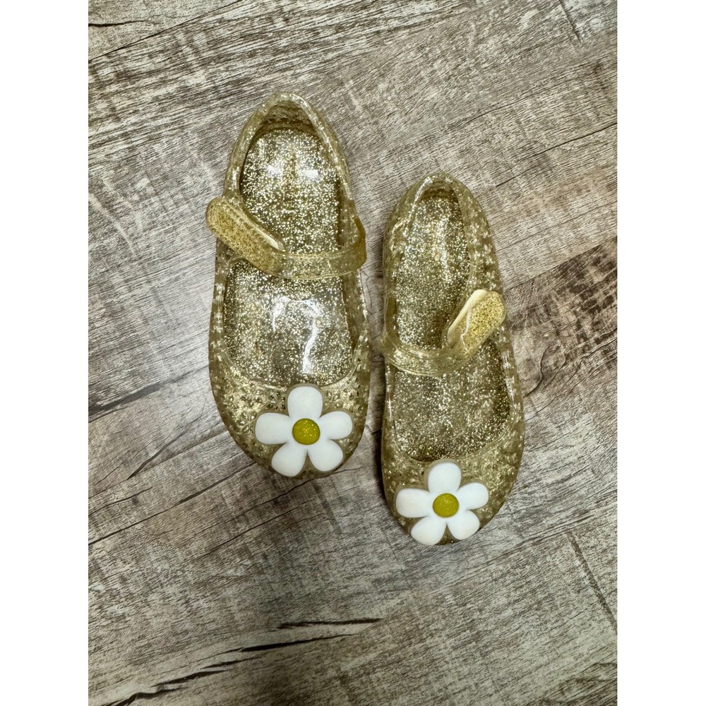 Toddler Girls Gold Glitter Jelly Shoes Daisy Flower Mary Jane Flats Size 7